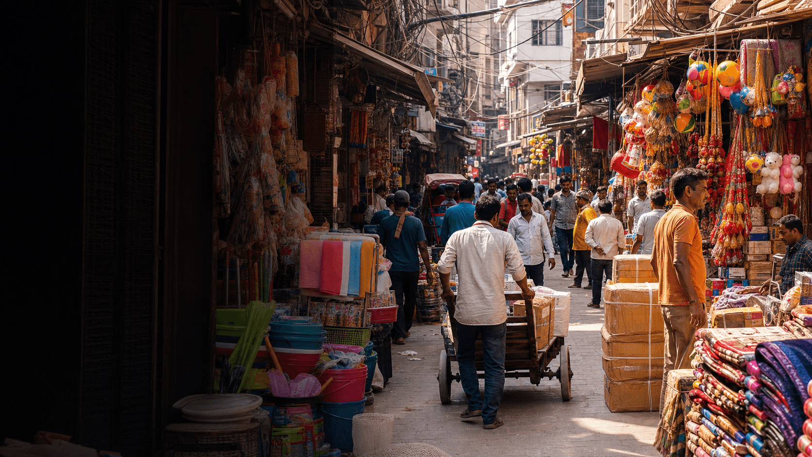 A busy Delhi wholesale lane with household goods, toys, textiles and handcarts