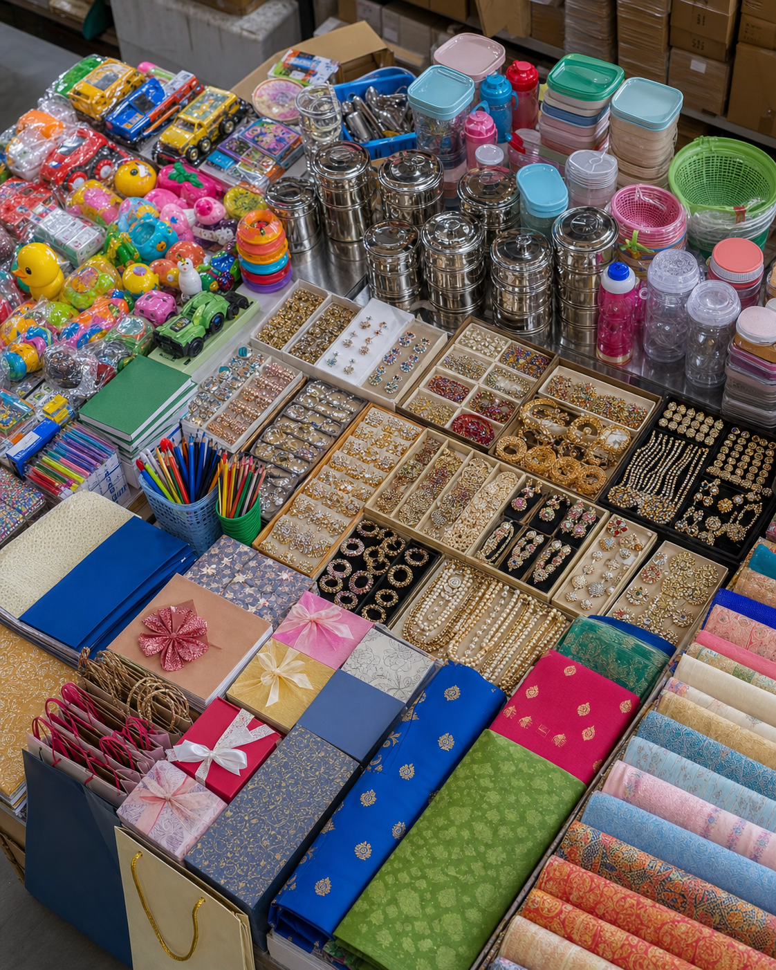 An illustrative wholesale assortment of household goods, toys, stationery, jewellery and fabrics